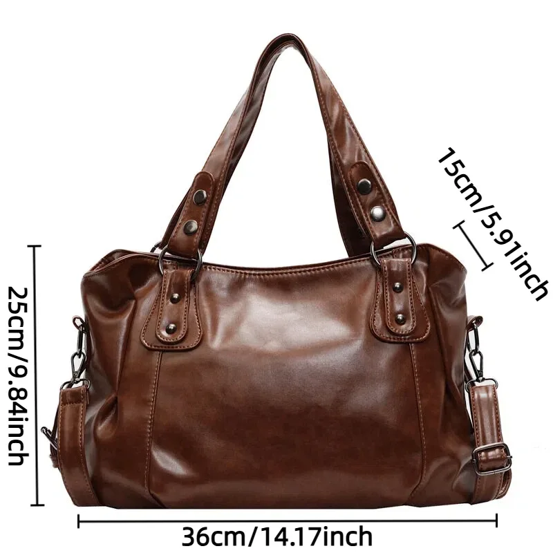 sac fourre-tout classique rétro décontracté de couleur unie, sac à bandoulière en pu de grande capacité, sac à main en cuir souple à la mode et polyvalent pour les trajets quotidiens