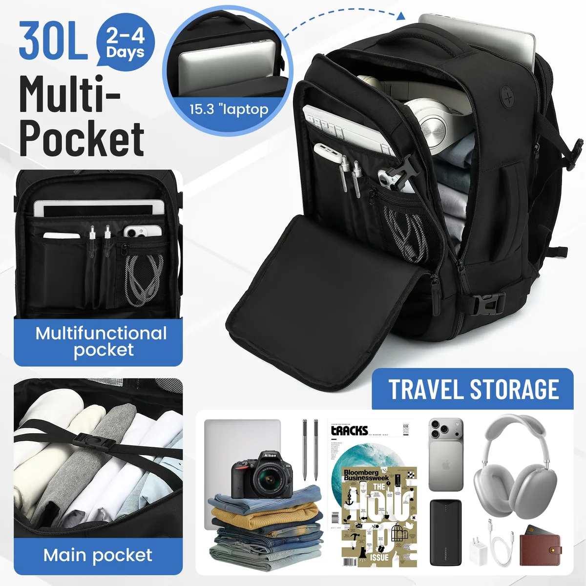 ryanair 40x30x20 sac de cabine à bagages, 40x30x20 sac hommes femmes 15.6 pouces pochette d'ordinateur sac à dos de voyage d'affaires, sac à dos d'école universitaire