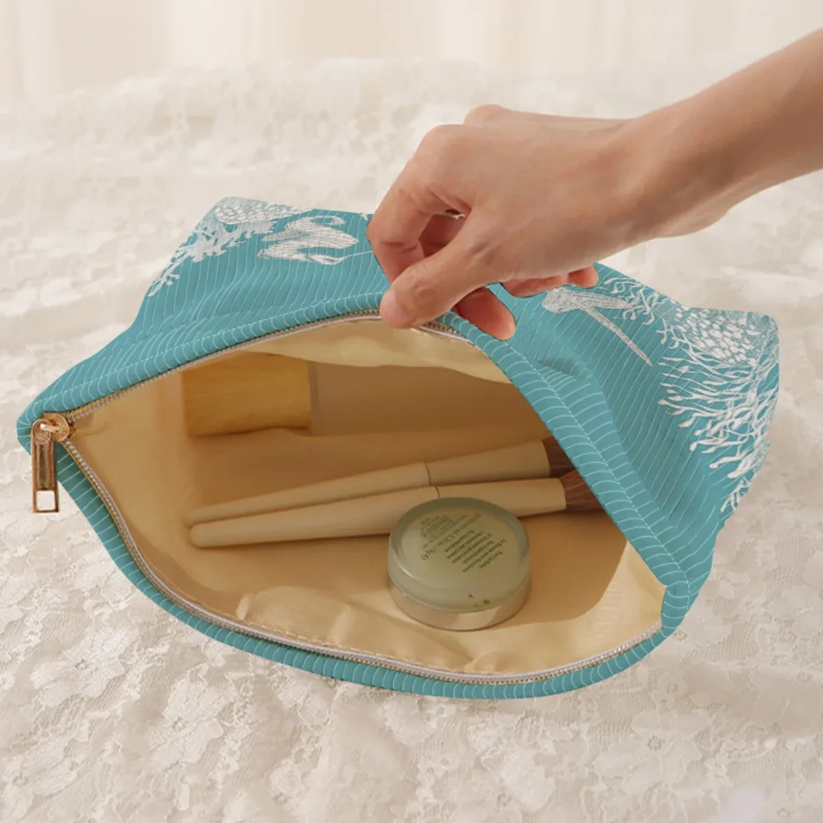 trousse de maquillage en velours côtelé à motif océan, boîte de rangement légère à fermeture éclair, sac multifonctionnel avec doublure, utilisé pour ranger les cosmétiques