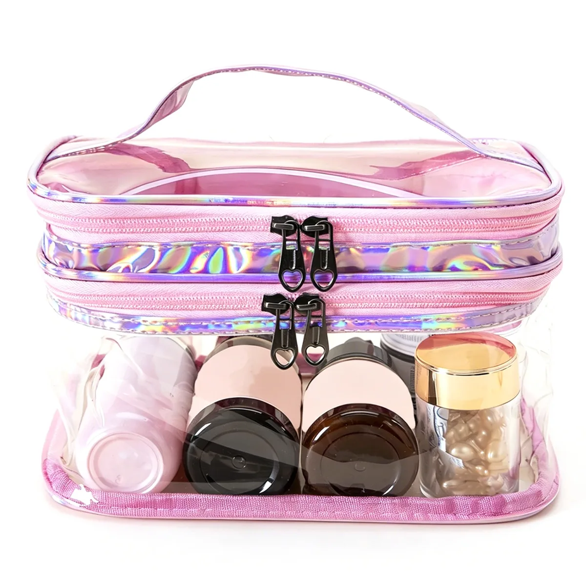sac de maquillage transparent portable, sac à cosmétiques double couche en pvc, sac de toilette étanche de grande capacité, pochette de rangement de voyage transparente