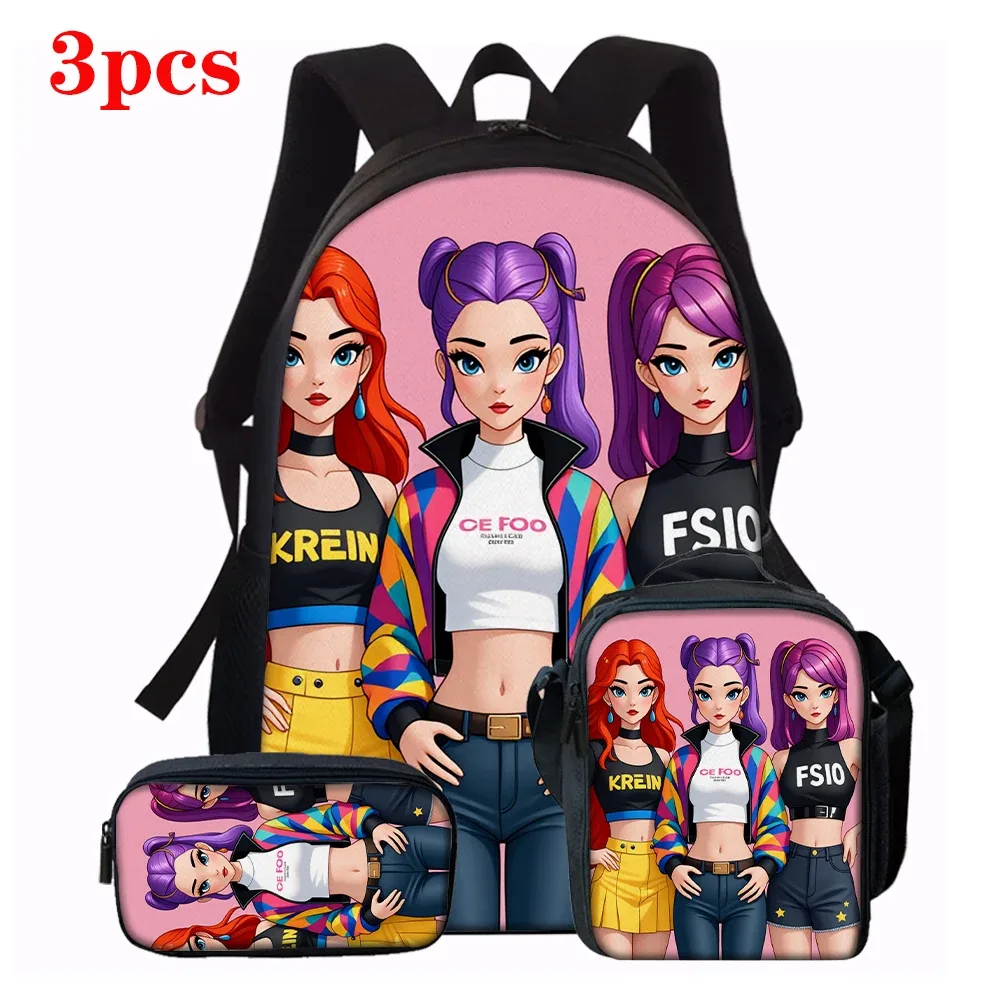 sac dos polyester dessin animes personnages stylisés fonds rose noirs accents couleurs vivantes transport journalier