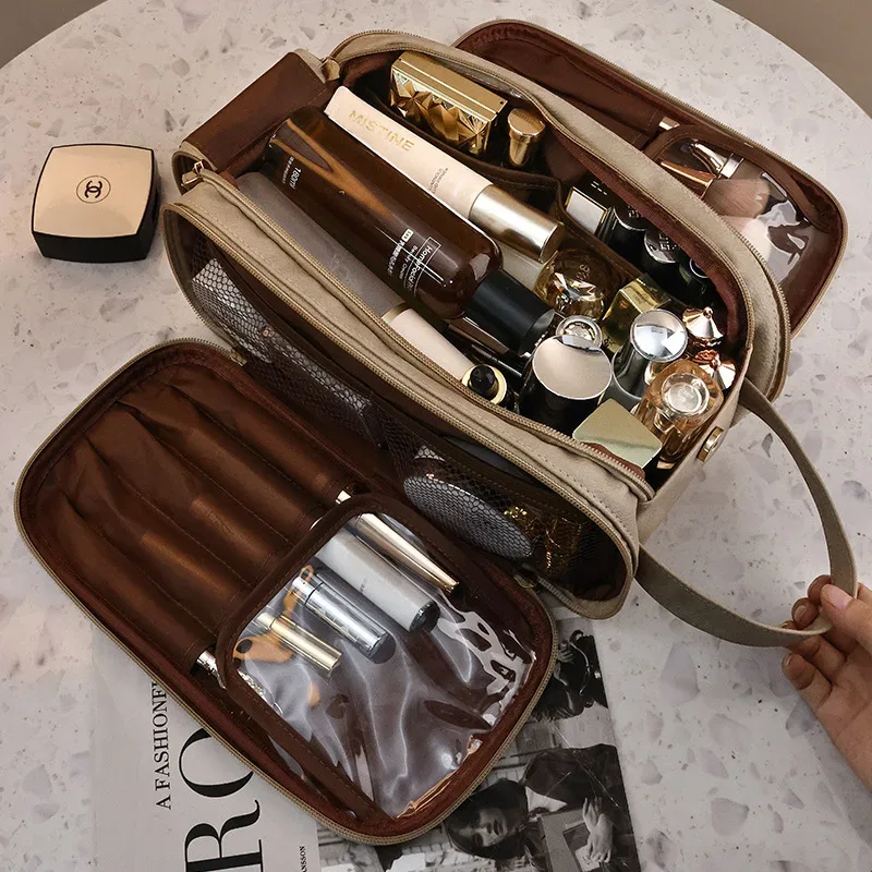 sac de maquillage multifonctionnel en cuir pu pour femmes, grande capacité, portable, double fermeture éclair, brosse de maquillage de voyage, sac de rangement d'articles de toilette