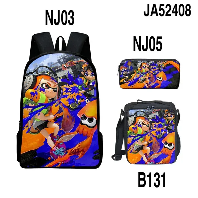 splatoon-sac à dos pour ordinateur portable, sac à bandoulière incliné, trousse à crayons, sac à dos pour 3 élèves, jeu de mode créatif, ensemble de 3 pièces