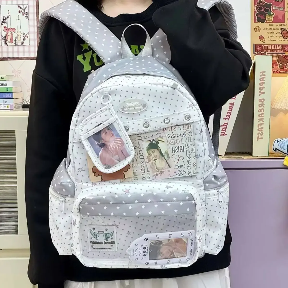 Nouveau Sac à Dos Ita Y2K Mignon à Étoiles et Pois Grande Capacité pour Étudiants, Sac d'École Personnalisable, Sac à Dos d'Extérieur Décontracté pour Voyage