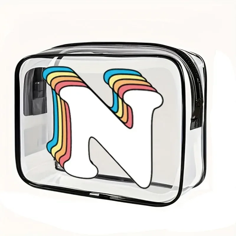 organisateur voyage cosmétiques pvc translucide poignée noire motif arcs-en-ciel lettre grande capacité format tonneau sac compression
