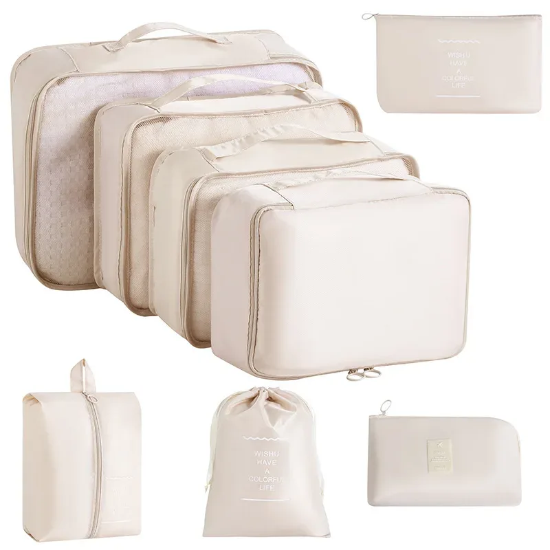 organisateur voyage tissu oxford beige clair grille transparente grande capacité rangement vêtements accessoires transports usage polyvalent domicile travail