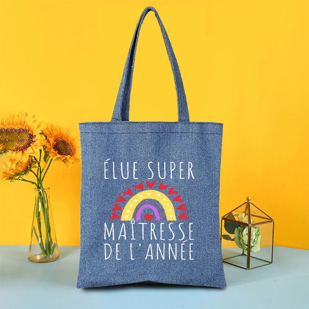 sac fourre-tout en jean imprimé super atsem maitresse, sacs de shopping pour femme, sacs de voyage, cadeau de remerciement pour la fête des enseignants et les diplômés