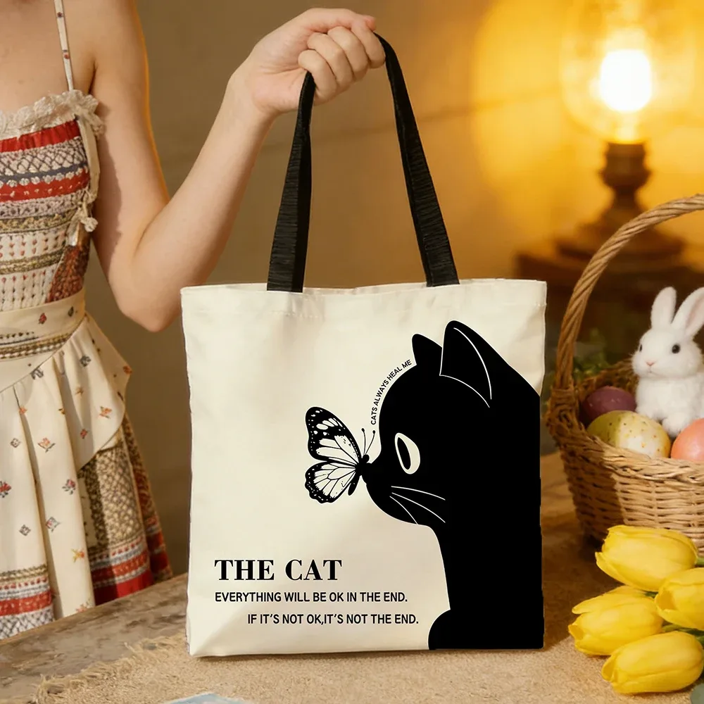 sac fourre-tout en toile motif chat noir et café – imprimé chaton mignon et ludique avec motifs latte et grains de café, sac à bandoulière bohème écologique