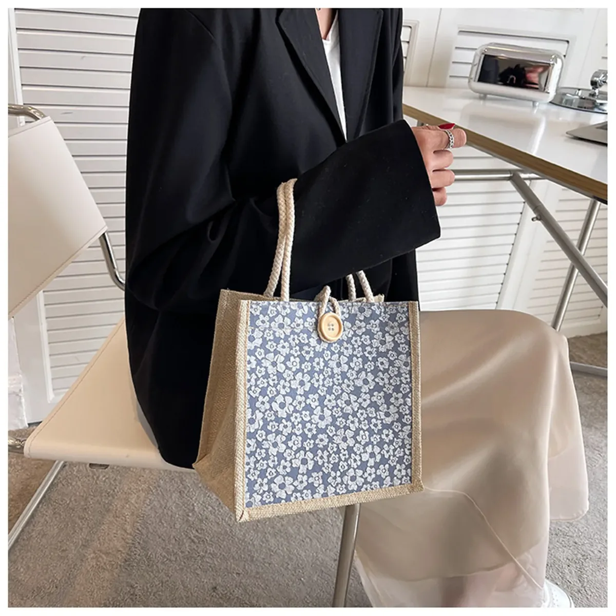 sac fourre-tout en coton à motif floral, sac à main polyvalent portable de grande capacité, sac d'emballage cadeau, sac à déjeuner, sac de shopping à boutons en lin