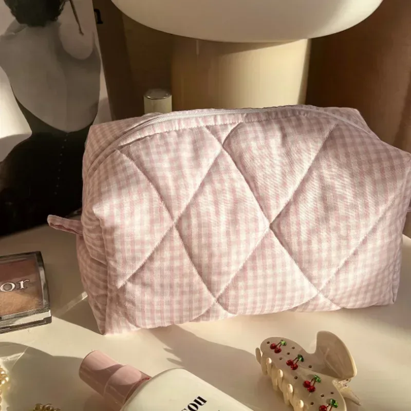 sac de maquillage à fleurs à carreaux, sac de rangement de cosmétiques portable de grande capacité, sac de lavage matelassé en coton, pochette de soins de la peau