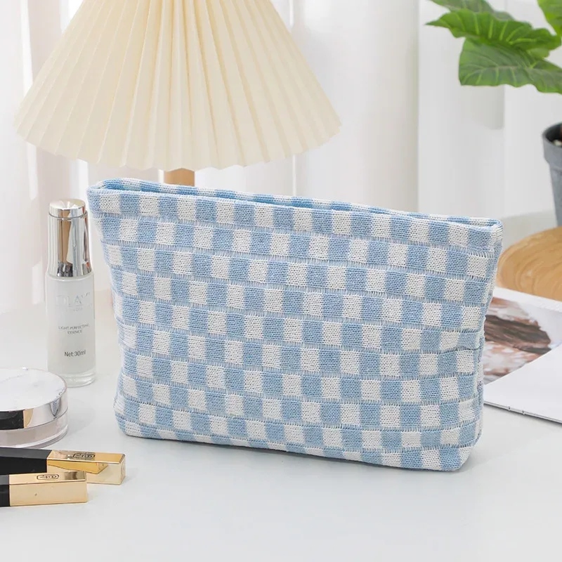 trousse de maquillage à carreaux, trousse de toilette de voyage, organisateur de pinceaux de maquillage mignons, sac de rangement d'accessoires esthétiques pour femmes