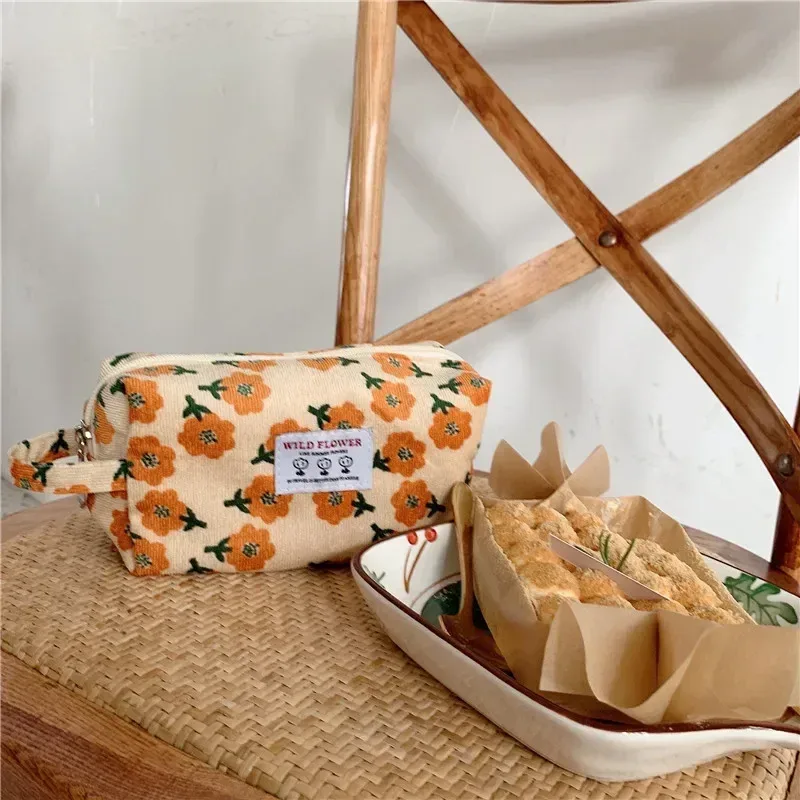 sacs de maquillage en velours côtelé pour femmes, sac à cosmétiques imprimé floral, trousse à crayons, trousse de toilette de voyage, sac de rangement, organisateur, trousse de beauté
