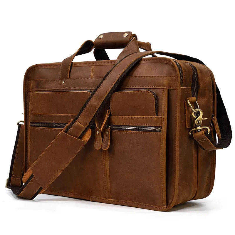 sac d'affaires en cuir véritable pour homme, étui à bombes multifonction, sac de voyage pour homme, fourre-tout vintage, grand sac initié, cheval élan, ordinateur portable 17"