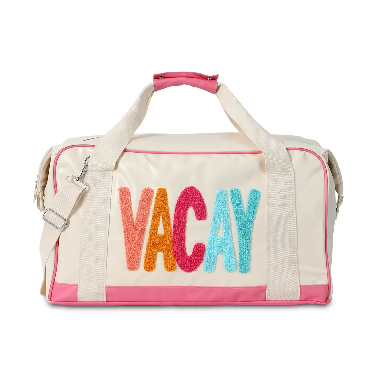 sac voyage nylon beige bandoulière amovible poignée supérieure week-end lettre brodee femmes vacances doux