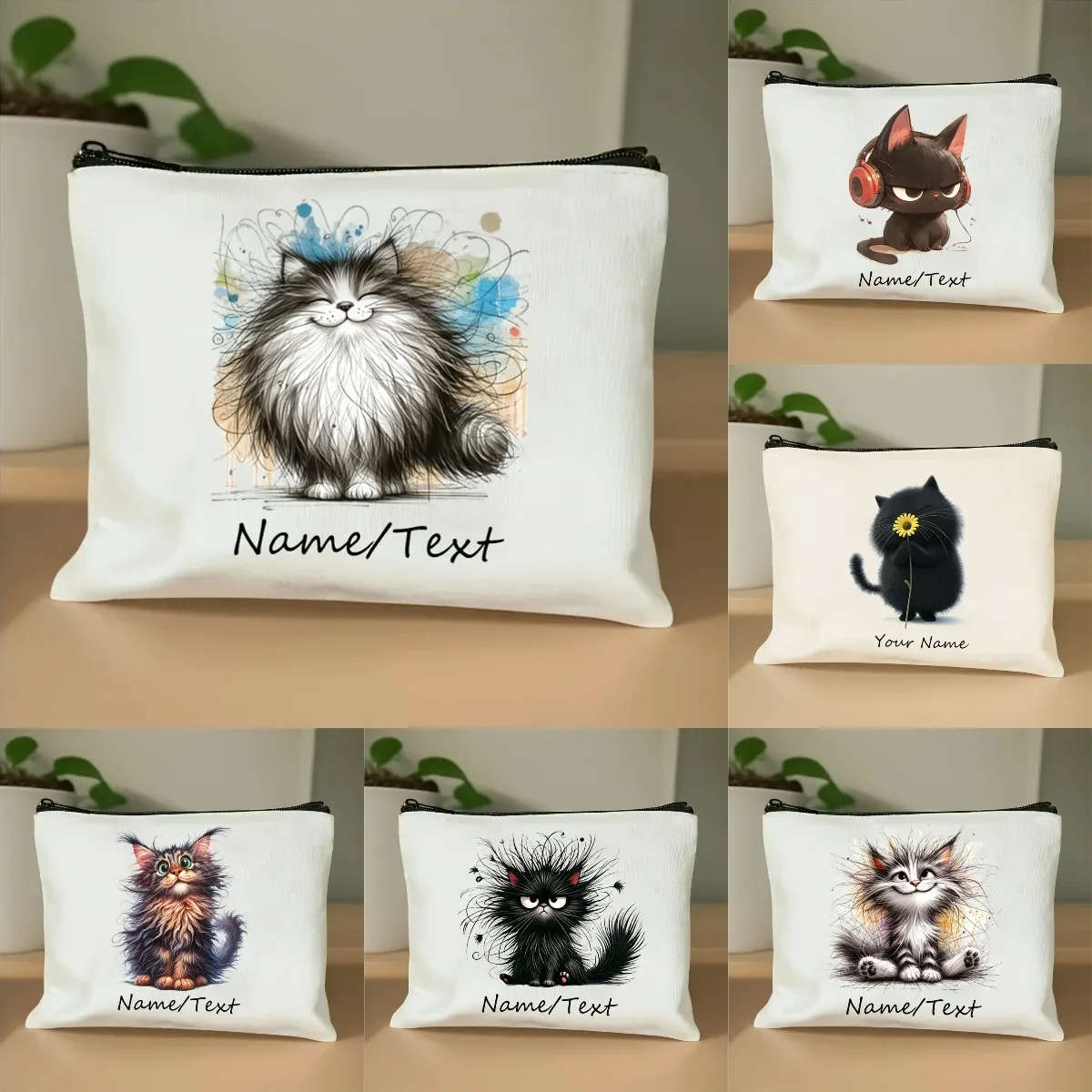 Chic personnalisé nom/texte Vintage chat noir sac de maquillage mignon moelleux chat conception florale sac à main pochette cosmétique porte-monnaie sacs de rangement