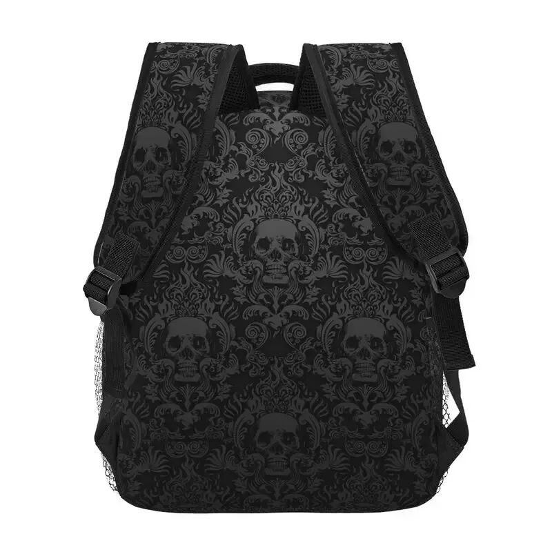 sac à dos gothique noir à motif de tête de mort damassé, unisexe, décontracté, pour ordinateur portable, cartable d'école, voyage, randonnée, camping