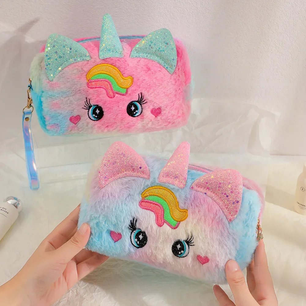 trousse toilette velours licorne rose bleu blanc design mignon ovale transport fille étudiante cosmétique maquillage