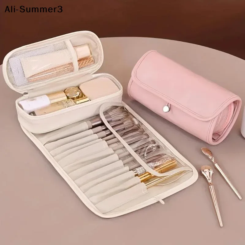 pochette cosmétique polyester rose pâle poches transparentes grande capacité design minimaliste rangement voyage femmes jeunes filles