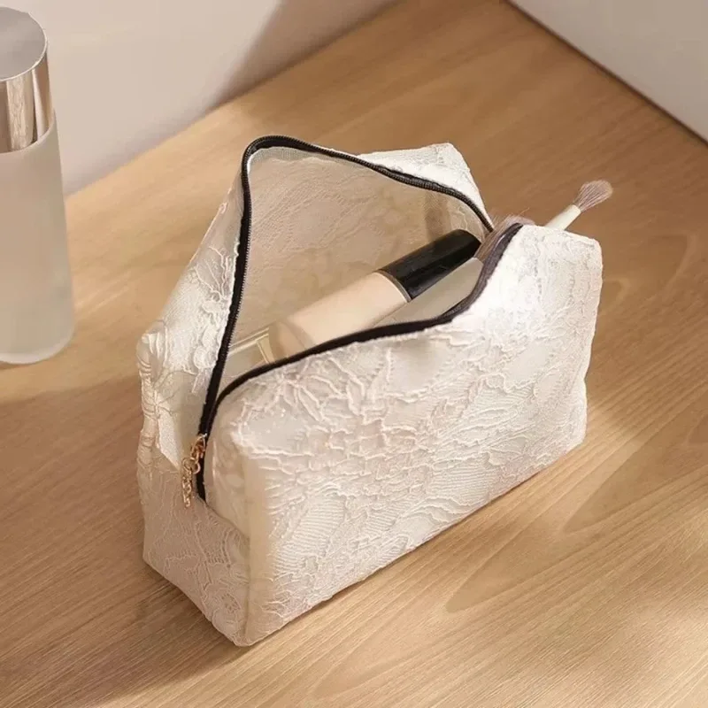 sac de maquillage en dentelle pour femmes, grande capacité, organisateur de cosmétiques et de bijoux, sac de toilette carré portable à fermeture éclair
