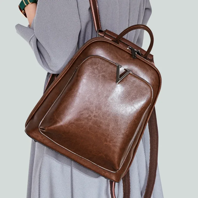 Sac à dos en cuir véritable pour femme, sac à dos en cuir de vachette rétro, sac à dos pour femme, sacs à bandoulière initiés, sac à dos à l'huile, mode scolaire, avertir