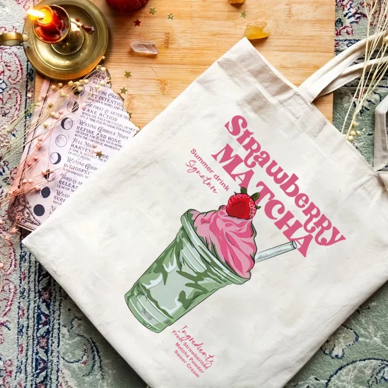 sac fourre-tout en toile à motif matcha latte, sac à bandoulière pour voyage, déplacements quotidiens, sac de courses réutilisable pour femmes, cadeau pour les amateurs de matcha, 1 pièce