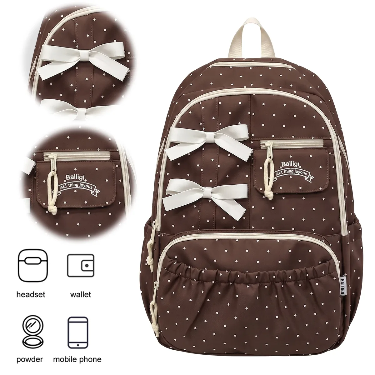 sac mignon et kawaii pour filles, sac à dos esthétique à pois et nœud, léger, multi-compartiments, bretelles respirantes