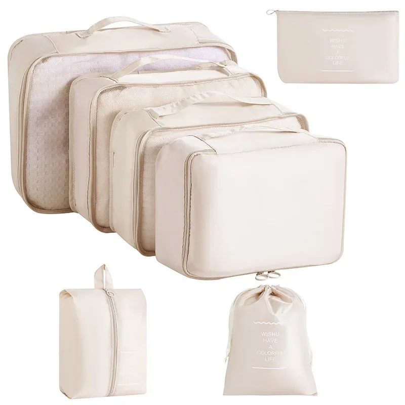 organisateur voyage tissu oxford beige clair grille transparente grande capacité rangement vêtements accessoires transports usage polyvalent domicile travail