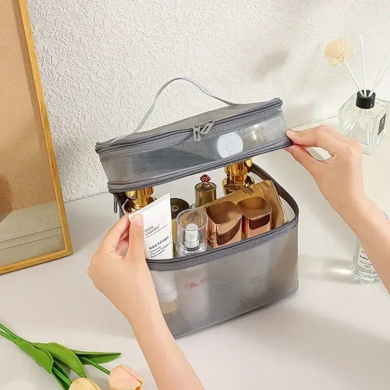sac de voyage en maille transparente pour femmes, sac de rangement pour cosmétiques, trousse de toilette à 2 couches, sac de rangement de grande capacité pour maquillage