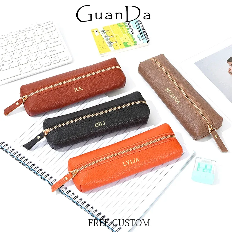 Pochette à stylos personnalisée en cuir PU tendance, vente en gros, trousse à crayons zippée pour étudiants, sac de rangement professionnel DIY, cadeau de papeterie en dropshipping