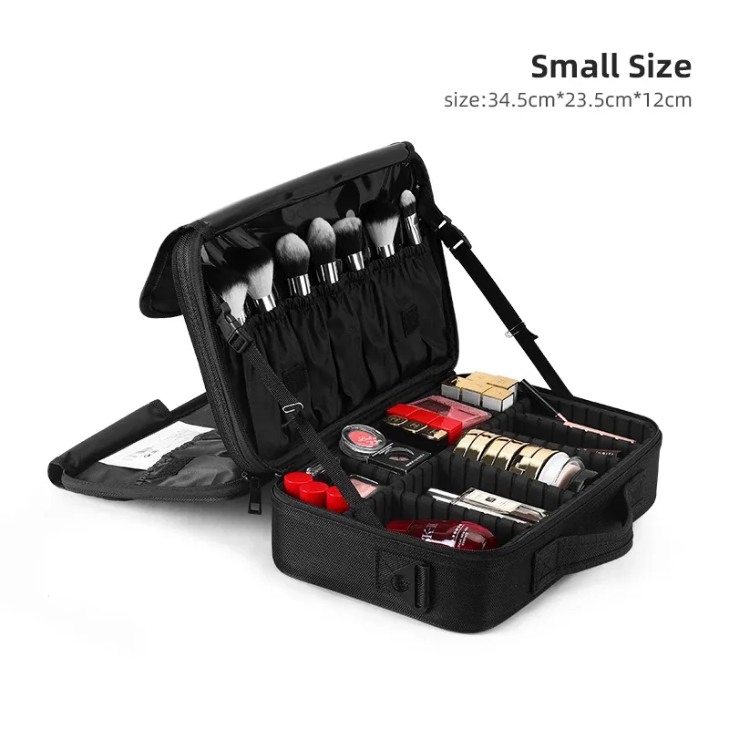 trousse de maquillage professionnelle en cuir imperméable, trousse de maquillage, trousse d'artiste de maquillage, trousse de train, trousse à cosmétiques de voyage, évaluation des pinceaux, matériau