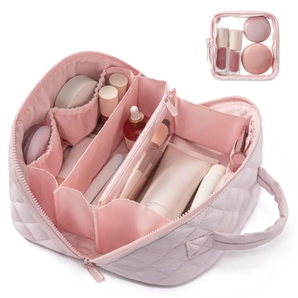 trousse de maquillage portable à large ouverture pour femme, étui à cosmétiques plat et résistant à l'eau, organisateur de voyage pour articles de toilette et pinceaux