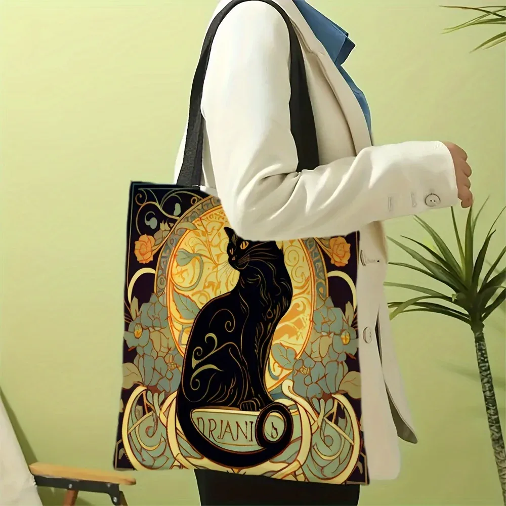 sac fourre-tout rétro art noble chat noir, sac à bandoulière à la mode, sac de courses léger quotidien en tissu de lin 40x40cm, sac à main