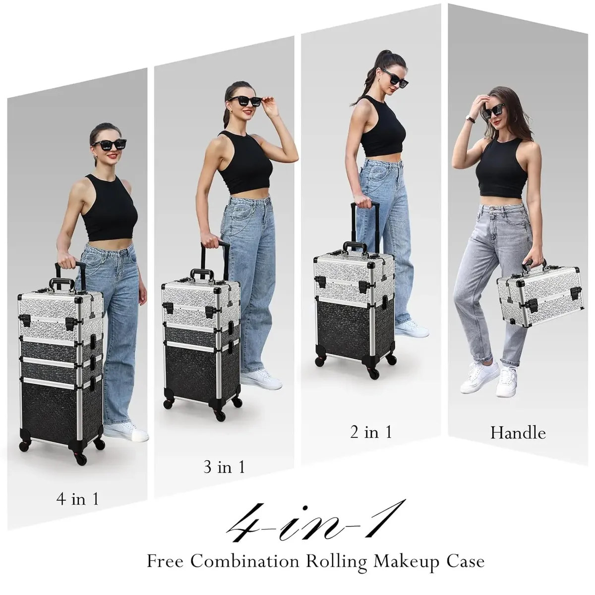 valise de cosmétologie rigide 4-en-1 en aluminium sur roulettes, grande capacité, avec 4 plateaux, chariot de maquillage roulant, valise de voyage pour tatouage, organisateur de vernis à ongles, boîte de rangement, valise de maquillage professionnelle de voyage avec clés