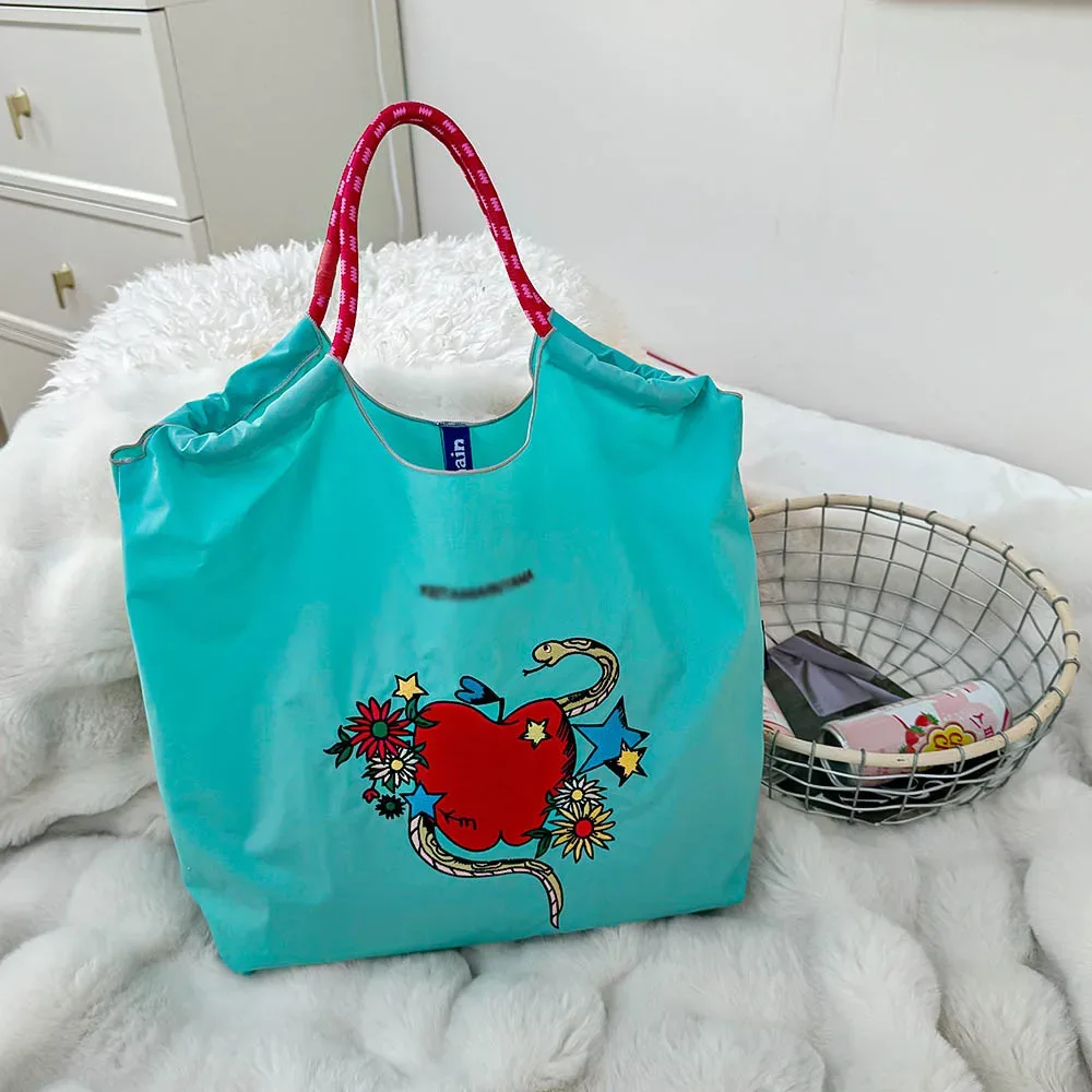 sac de shopping brodé pour femmes, avec chaîne à billes, grande capacité, en nylon écologique, sac à main, sac à bandoulière, sac porté en travers du corps.