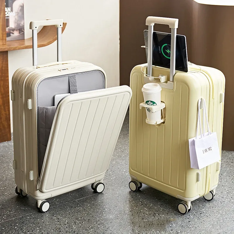 Valise de voyage multifonctionnelle avec porte-gobelet, couverture ouverte avant, valise à roulettes, boîte d'embarquement, 20 ", 22", 24 ", 26"