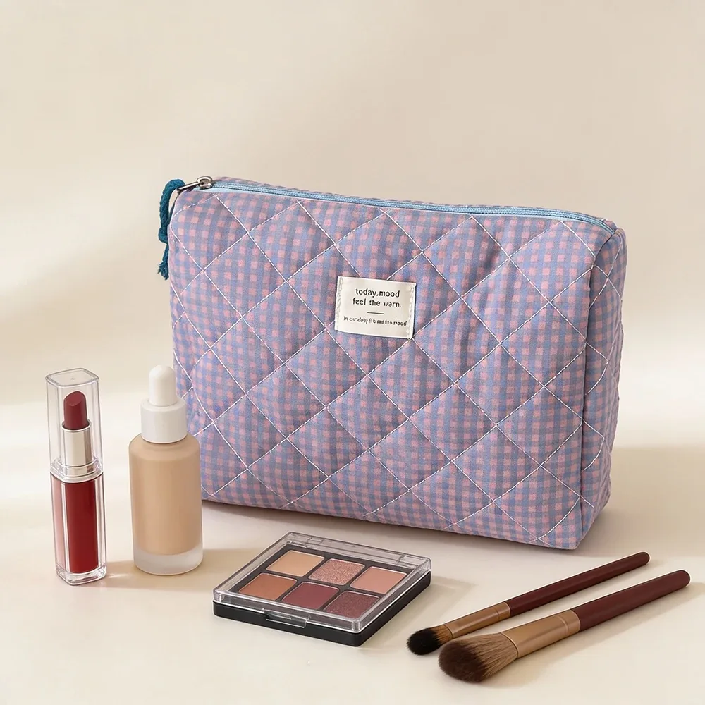 trousse polyester décontractée plaid violet rose orange bleu beige noir géométrique voyage cosmétique toile douce