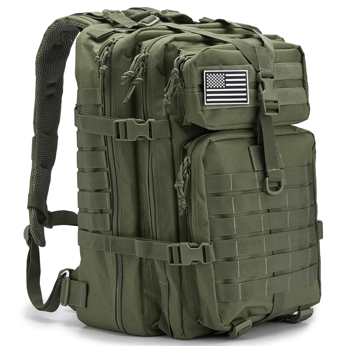 Sac Dos Polyester Olive Bandes Noires Compartiments Fermetures Éclair Sangles Ajustables Survie Plein Air Trekkings Chasse Hommes