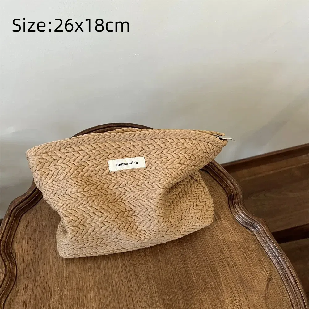 sac de maquillage portable de grande capacité, couleur unie, en tissu tissé, sac cosmétique beige, pochette couleur café, pour l'extérieur