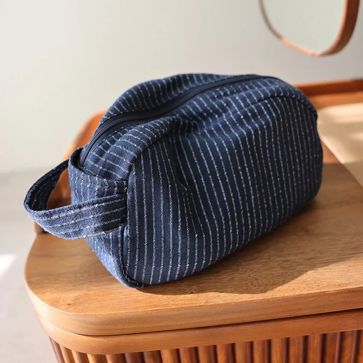 sac cosmétique portable à rayures classiques, grande capacité, coton, tissu de lin, fermeture éclair sombre, soins de la peau, voyage, rangement portable