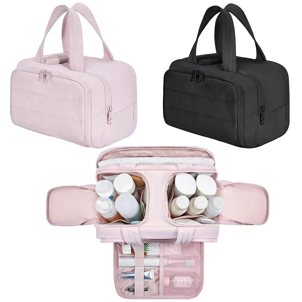 nouvelle trousse de maquillage de grande capacité, trousse de toilette portable, trousse à cosmétiques moelleuse à large ouverture, organisateur de voyage avec compartiments.