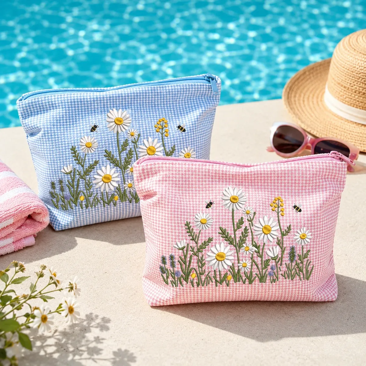 pochette cosmétique en gingham brodée daisy, grande trousse de toilette à fermeture éclair pour femmes, organiseur de voyage pour les vacances à la plage