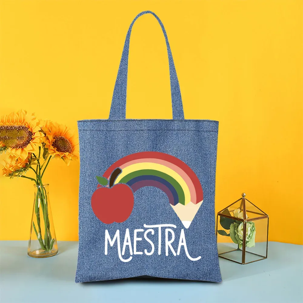 sac fourre-tout en denim peint pour enseignant arc-en-ciel, sacs de shopping pour femmes, sacs à main de voyage, fourre-tout pour la journée des enseignants, cadeaux de remerciement pour les enseignants