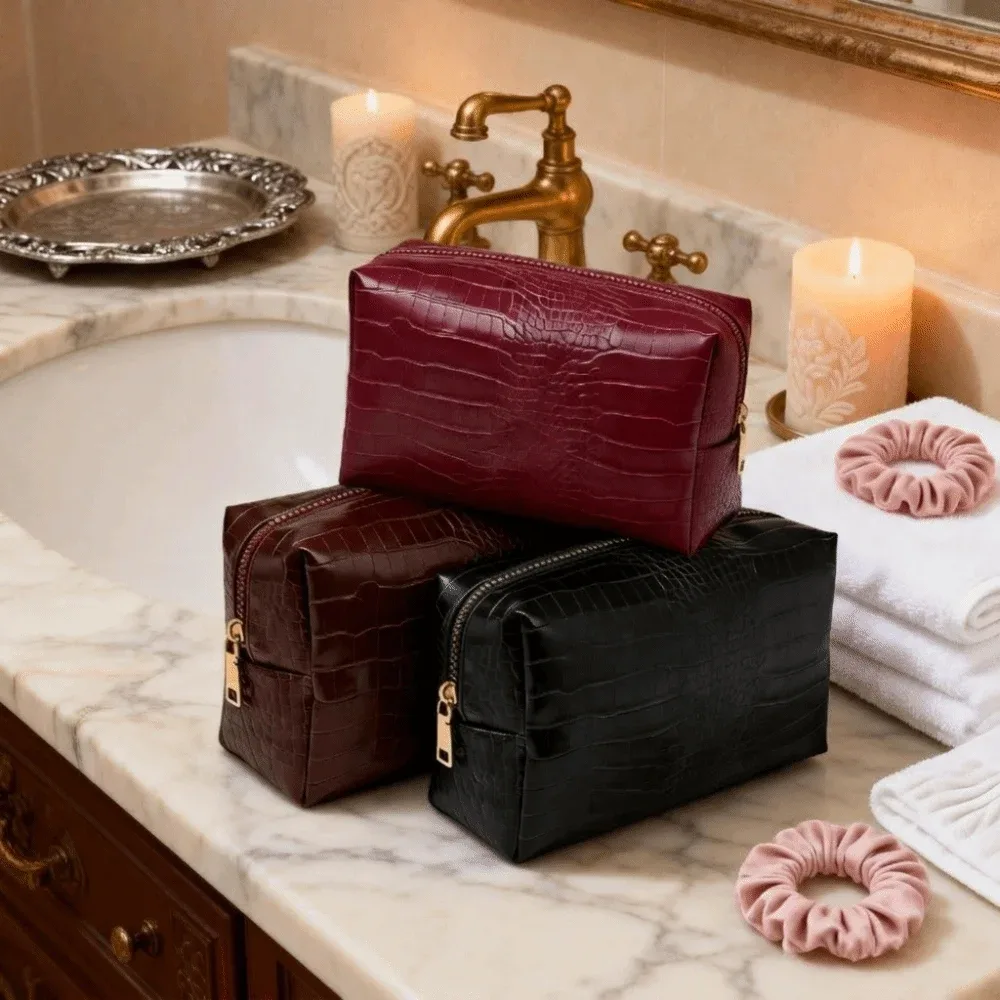 sac à maquillage en cuir pu, motif crocodile gaufré, pochette cosmétique imperméable, fermeture à glissière, grande capacité, pochette de rangement