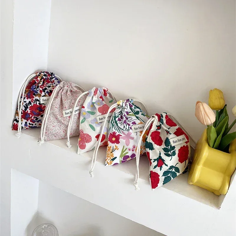 sac de rangement floral en coton et lin pour femme, pochette de maquillage mignonne, rangement de proximité, finition, poudres, bonbons, bijoux, cadeau de noël