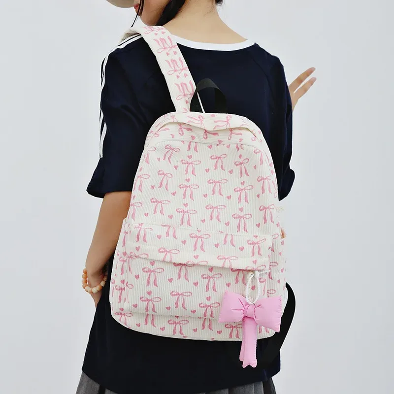 sac à dos en velours côtelé avec pendentif nœud, grande capacité, imprimé nœud, pour étudiants, femmes, voyage, sacoche pour ordinateur portable 2026