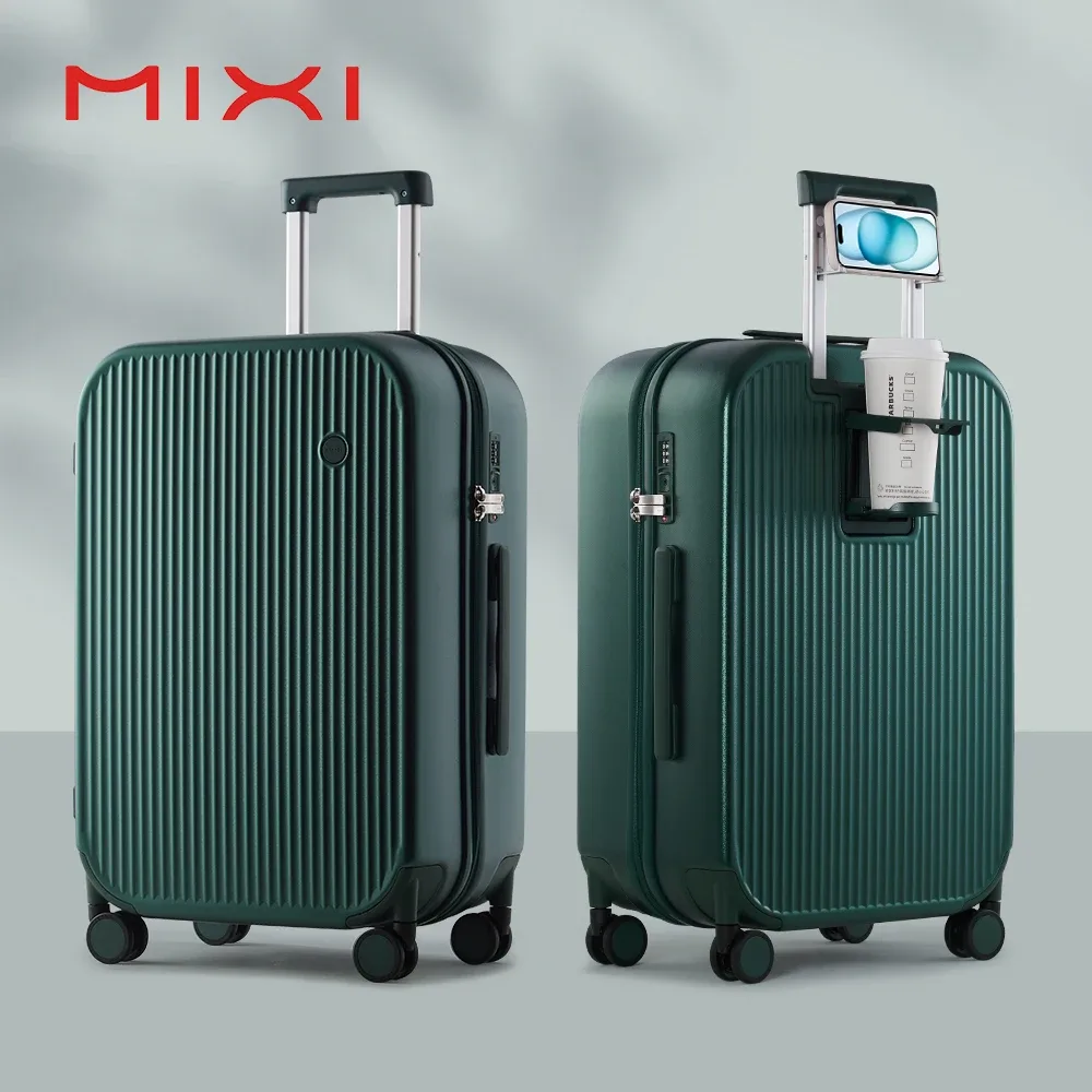 mixi nouveau design valise bagage à main avec tasse support pour téléphone coque rigide bagage roulant pc spinner roues boîtier de chariot