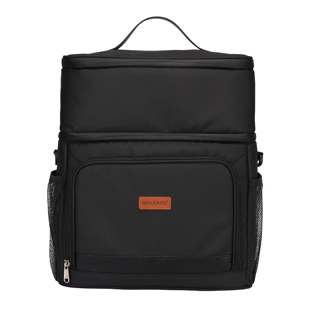 sac dos polyester noir isolement compartiments poche latérale poignée supérieure sacoche voyage fruits boissons