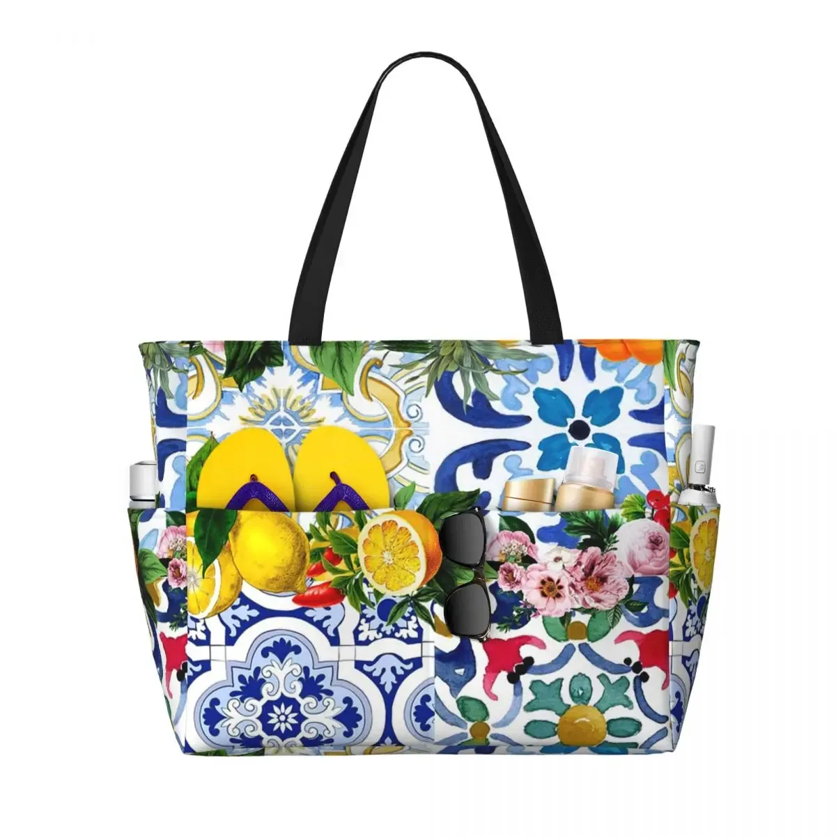 carreaux siciliens, méditerranéens, mosaïque, limons, sac fourre-tout de plage, sport, gymnastique, yoga, grand fourre-tout, sac de voyage pour femmes, sac de fitness