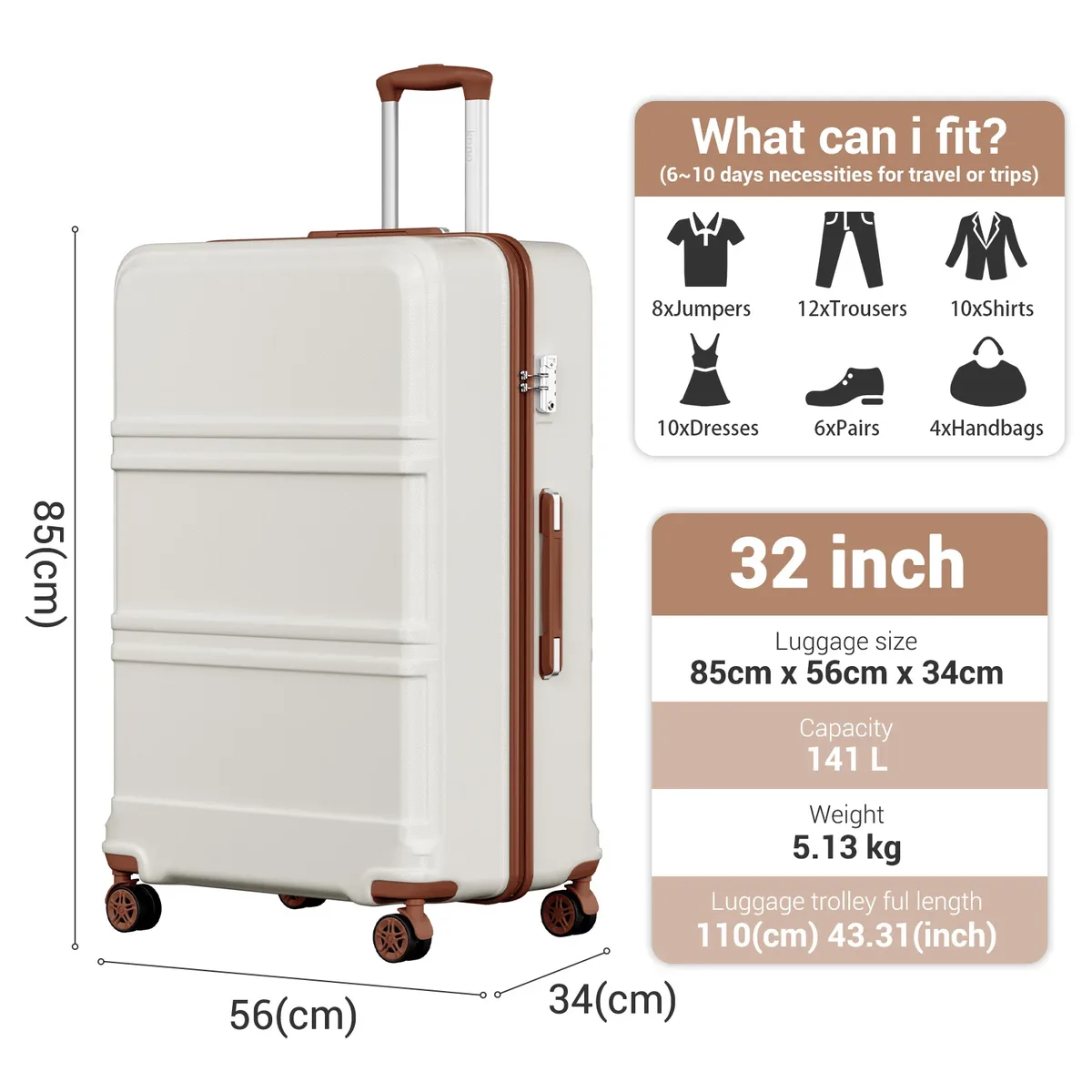 étui rigide kono de 32 pouces, chariots légers abs + pc avec double roues, serrure tsa, valise (s/m/l/xl)