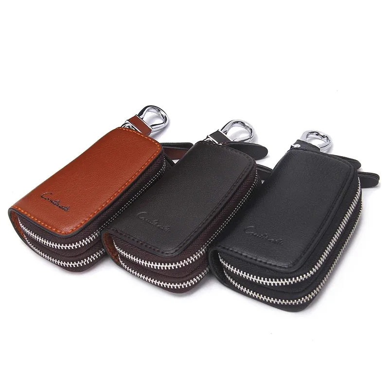 contact's – porte-clés de voiture en cuir véritable, porte-clé de mode, organisateur de clés de ménage, double fermeture éclair, étui à clé